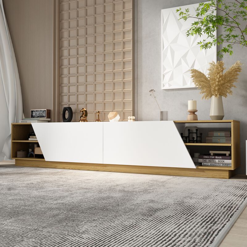 White/Oak Wood TV Media Console Entertainment Center with Doors, Open Shelf, Cable Management, Fits TV's up to 100 in.