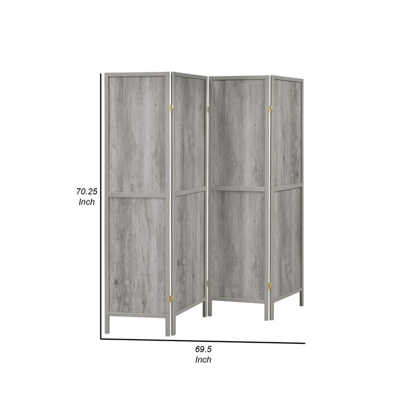 70 Inch Modern 4 Panel Folding Screen Room Divider, Rustic Gray Wood Finish-Benzara