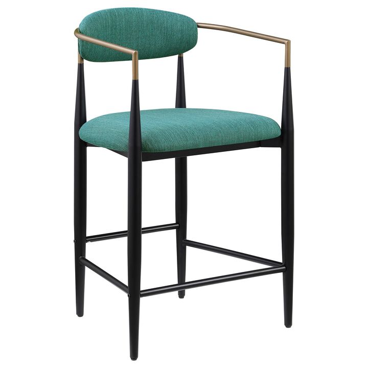 Tiara Counter Height Chair Set of 2, Teal Green, Black Metal 25 Inch - Benzara