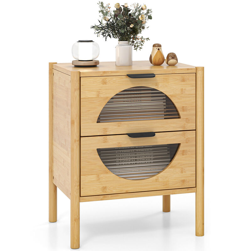 Nightstand with 2 Storage Drawers and Reeded Tempered Glass Fronts