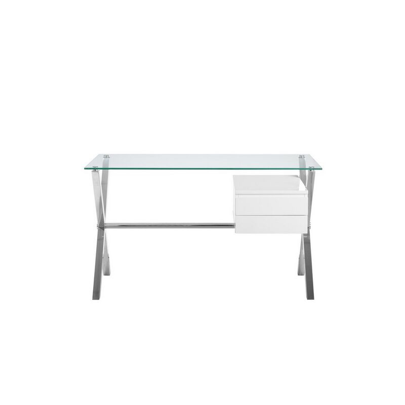Tia 51 Inch Small Office Desk, Glass Tempered Top, 2 Drawers, White Finish - Benzara