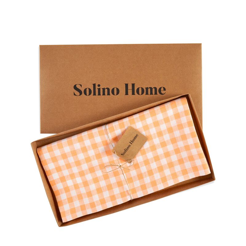Solino Home 100% Pure Linen Table Throw 52 x 52 Inch | Gingham Check for Thanksgiving, Christmas