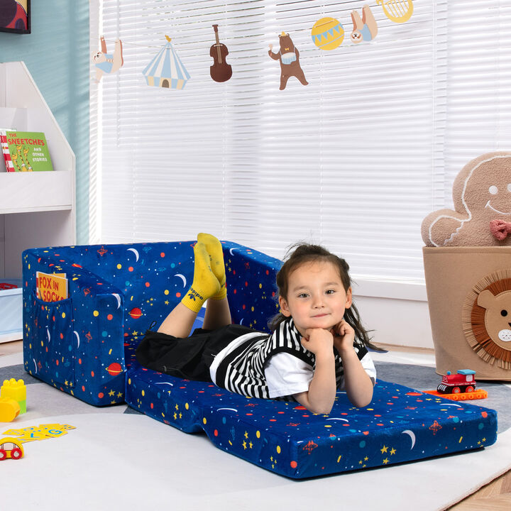 2-in-1 Convertible Kids Sofa with Velvet Fabric - Blue