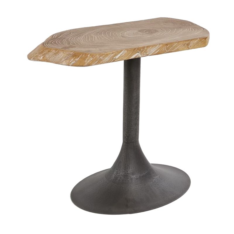 Lume Side End Table with Metal Trumpet Base, Gray Washed Live Edge Top - Benzara