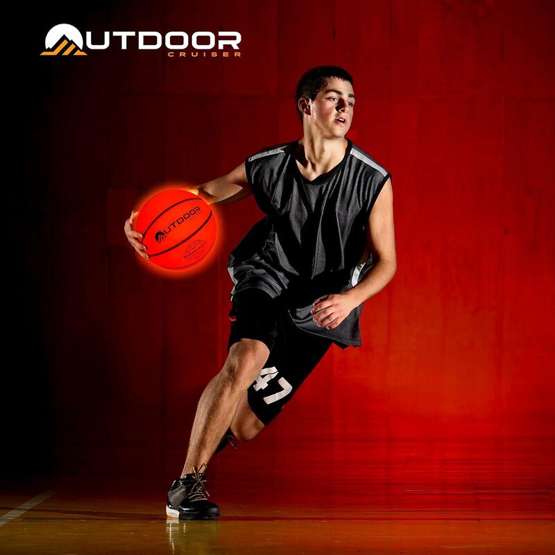 Outdoor Cruiser Light Up Basketball - Waterproof Rubber Construction, Glow in the Dark, Glows Up to 30 Hrs with Tap Activation, Complete Set with Pump & Spare Batteries, Official Size 7, For Ages 8-15