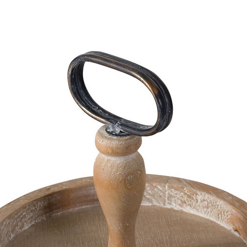 Mike 17 Inch 2 Tier Round Serving Tray, Handle, Beaded Trim, Brown Wood - Benzara
