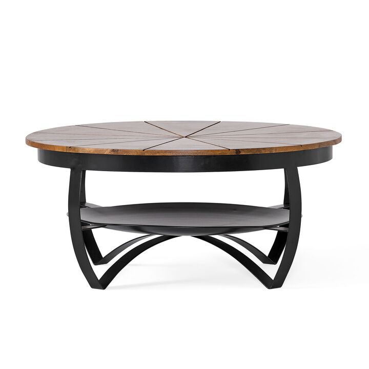 Coffee Table, 36 Inch, Round Mango Wood Top, Iron Curved Legs, Brown - Benzara