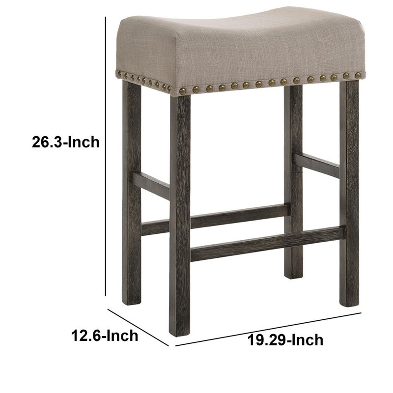 Wooden Counter Height Stool with Linen Upholstered Saddle Seat, Set of 2, Beige and Gray-Benzara