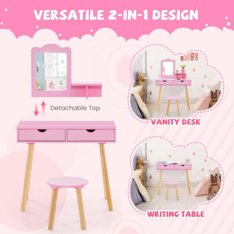 Hivvago Kid Vanity Table Chair Set with Mirror and 2 Large Storage Drawers-Pink