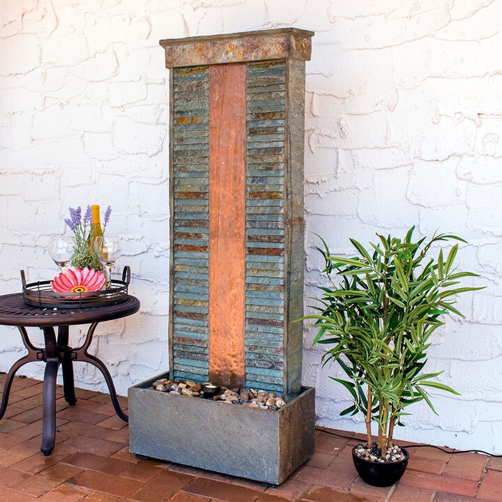 Sunnydaze Rippled Slate Indoor Water Fountain with LED Light - 48 in