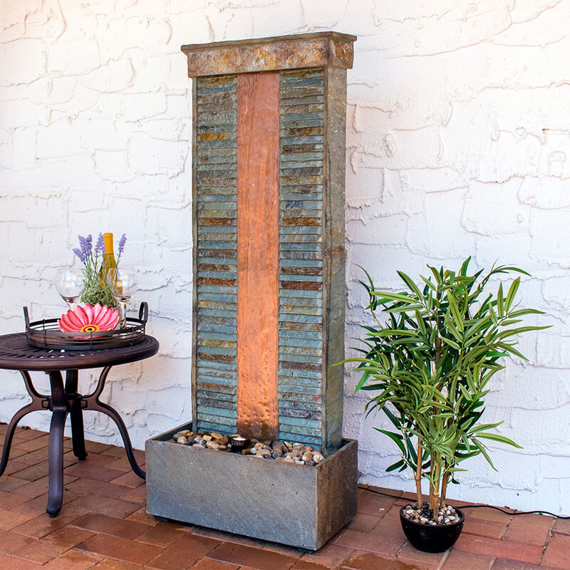 Sunnydaze Rippled Slate Indoor Water Fountain with LED Light - 48 in