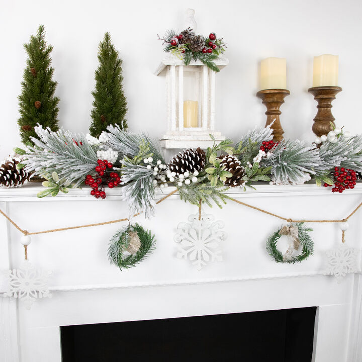 4.75" Snowflake and Frosted Pine Christmas Garland with Wooden Beads - Unlit