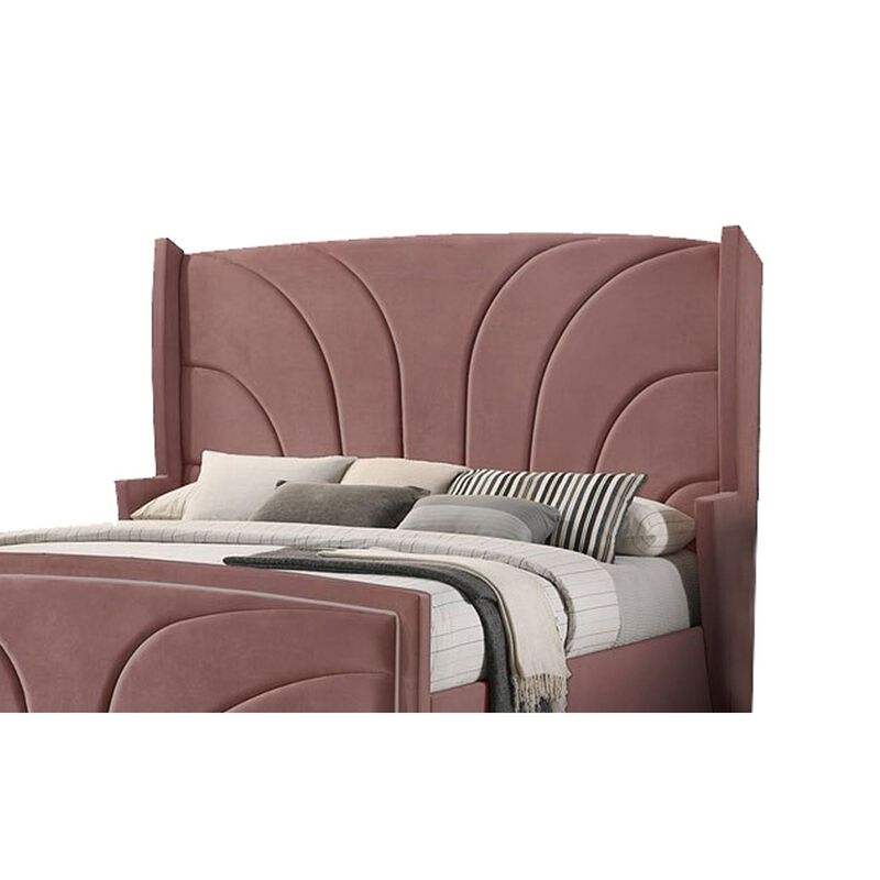Kerith Modern Wood King Size Bed, Wingback Frame, Pink Velvet, Chrome Legs-Benzara