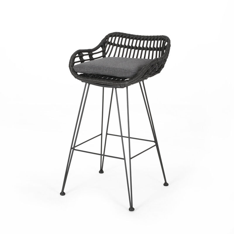 Modern Outdoor Wicker Barstools with Cushions (Set of 2)