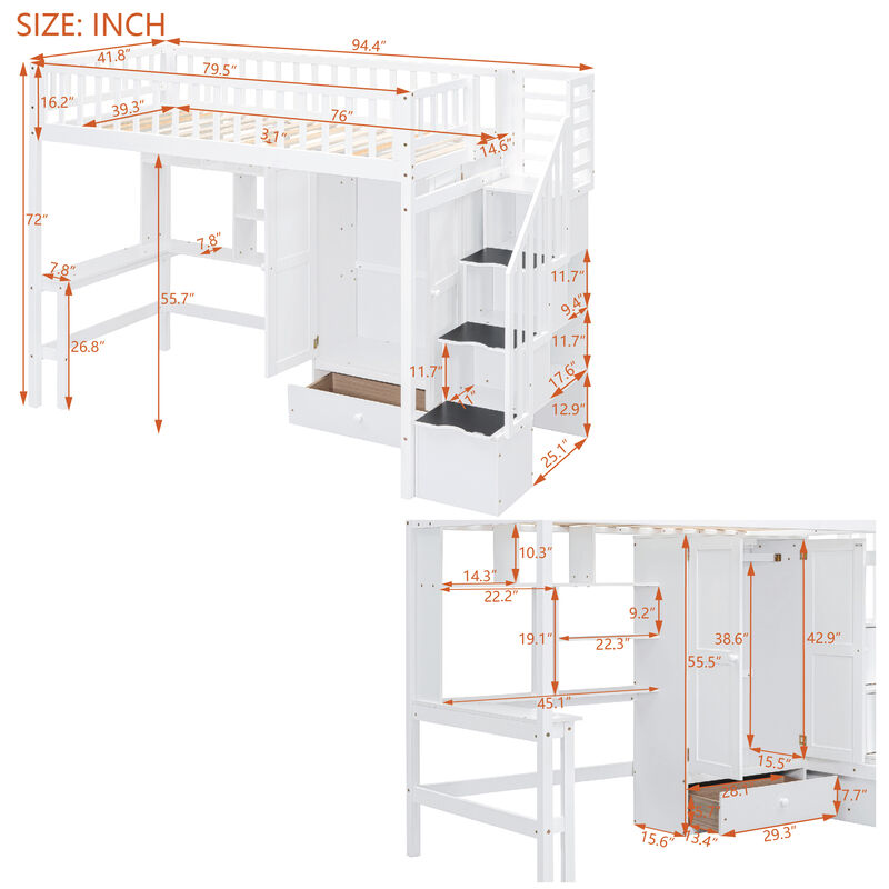 Twin Size Loft Bed With Bookshelf, Drawers, Desk, And Wardrobe White