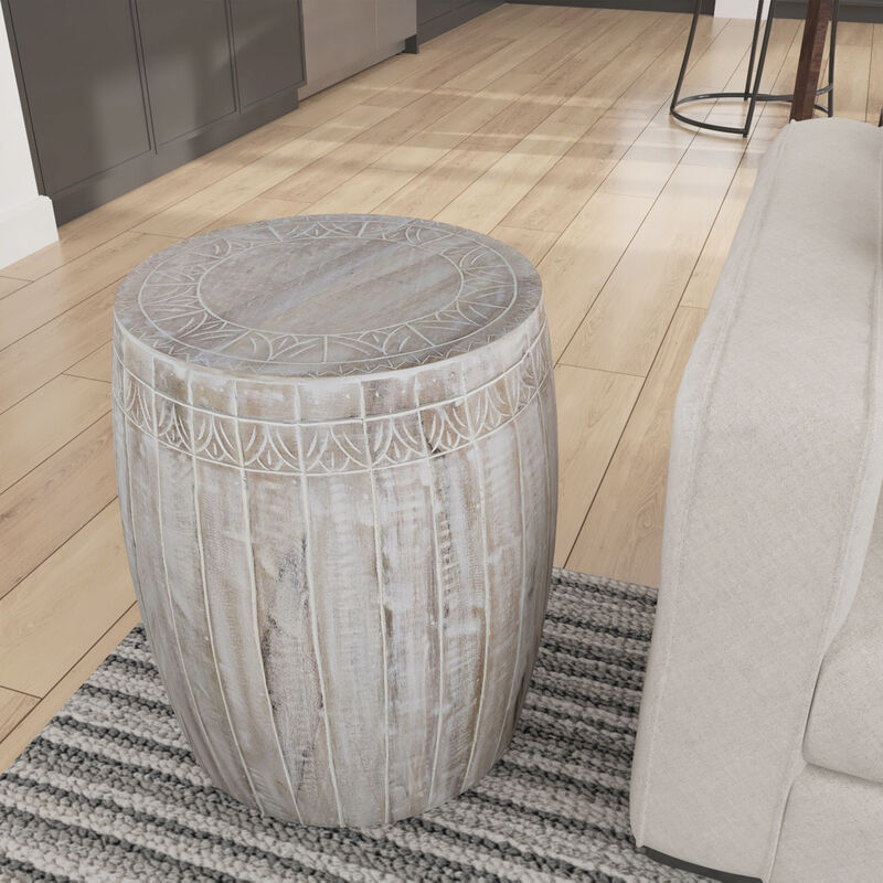 Serenity Barrel Side End Table with 18 Inch Round Top, In Antique White Mango Wood