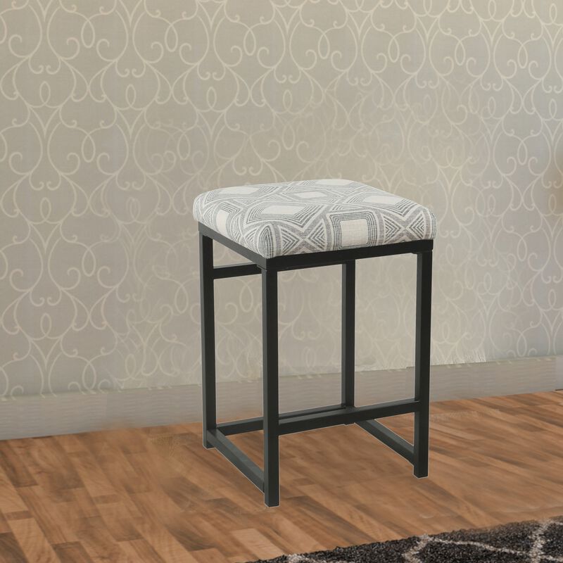 Metal Counter Stool with Geometric Pattern Fabric Upholstered Seat, Gray and Black - Benzara