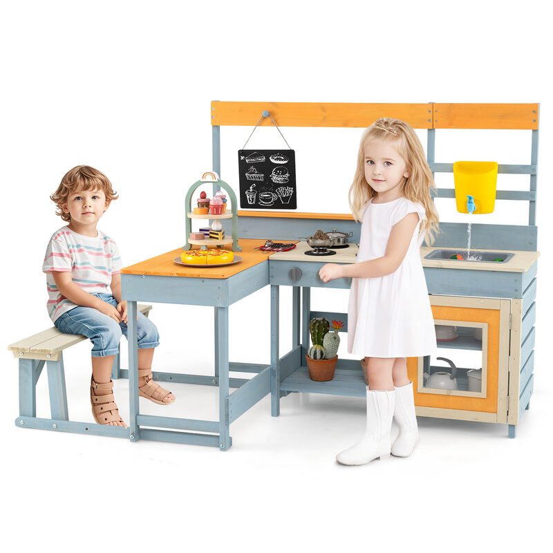 Fir Wood Play Kitchen with Kids Picnic Table and Built-in Bench
