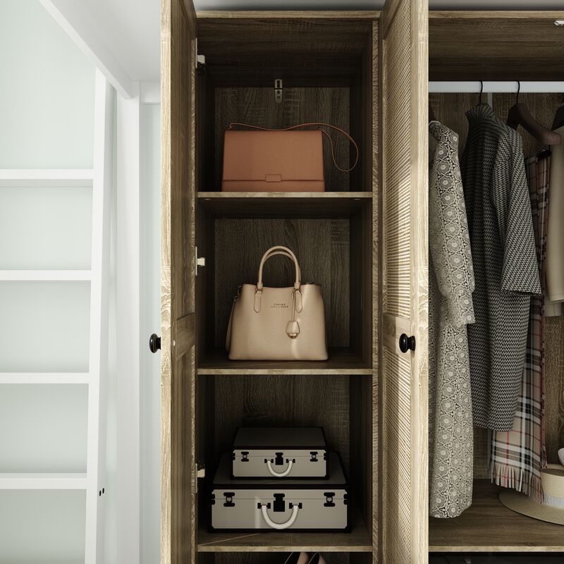 FUFU&GAGA Natural Wood Wardrobe with Shelves, Drawers, and Hanging Space, (47.2" W x 18.9" D x 70.9" H)，Brown