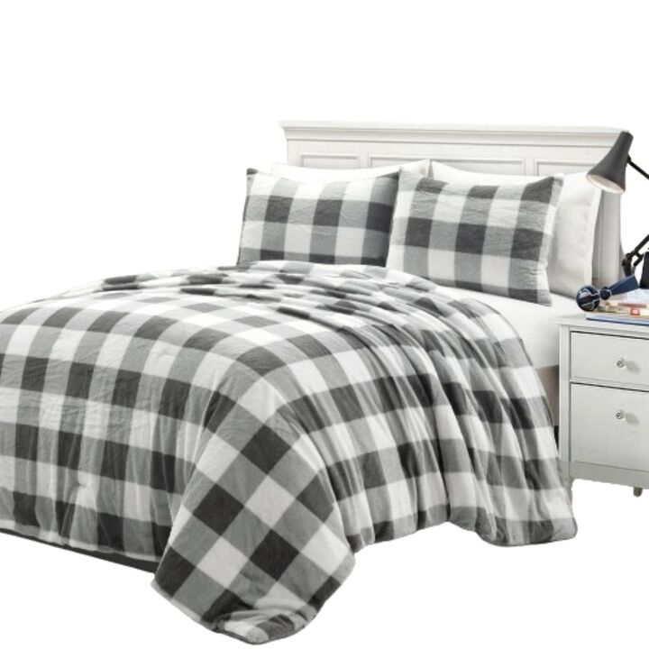 Hivvago King Size Plaid Soft Faux Fur Comforter Set in Black White Grey