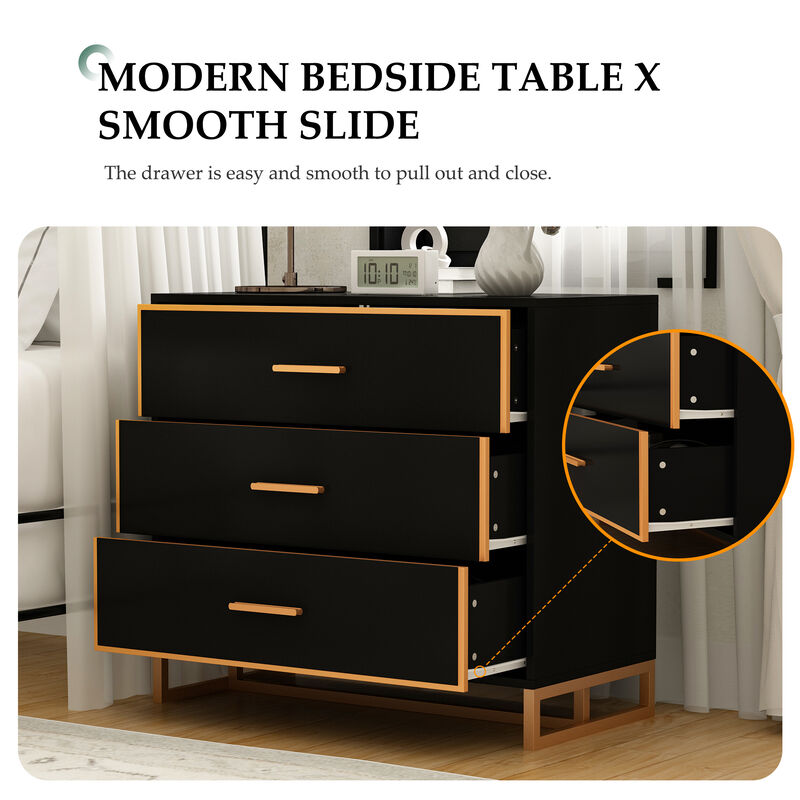 FUFU&GAGA Modern Black 3-Drawer Dresser with Gold Trim, Metal Handles & Base – Stylish Storage Cabinet for Bedroom(31.5"W x 15.7"D x 28.7"H),Black