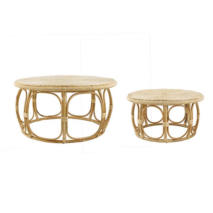 32, 40 Inch Coffee Table Set of 2, Round Tops, Handwoven Rattan, Brown - Benzara