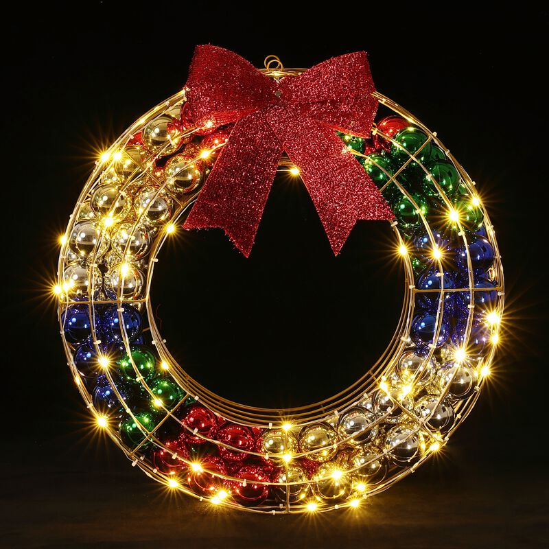LuxenHome 2Ft Round Ornament Wreath Outdoor Holiday Decoration with Lights