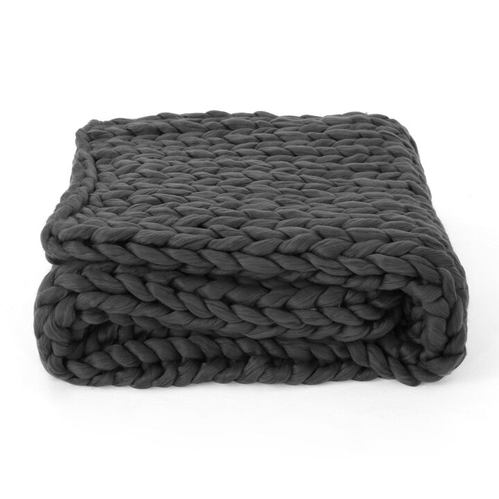 Moon Throw Blanket, 60 Inch, Knitted Design, Acrylic, Dark Gray Finish - Benzara