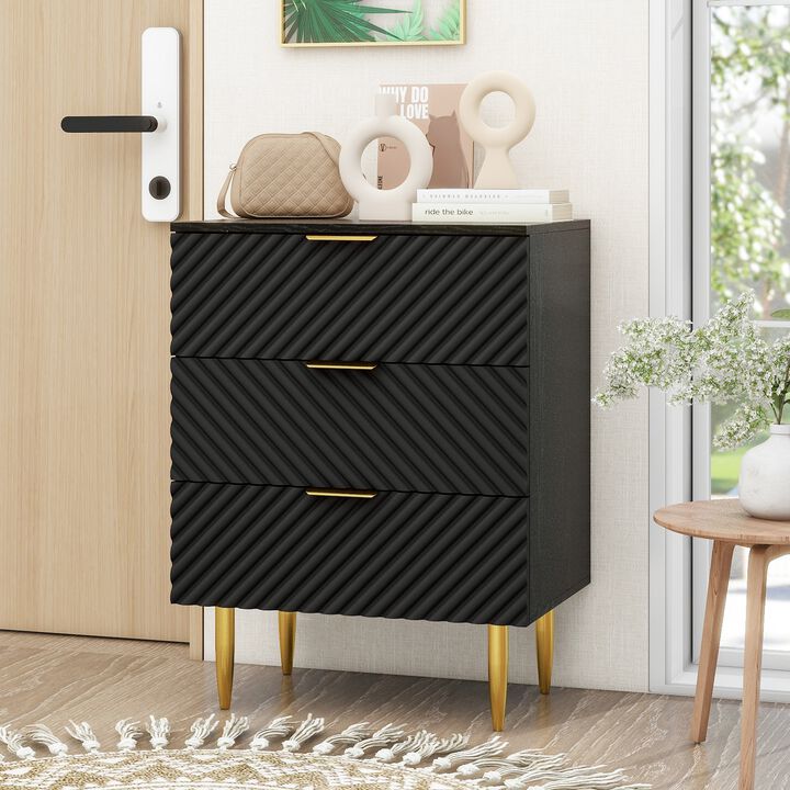 MONDAWE Three Drawer Dresser-Mid Century Modern Fluted Storage Cabinet with Arc Handles, Perfect for Bedroom, Living Room, or Study