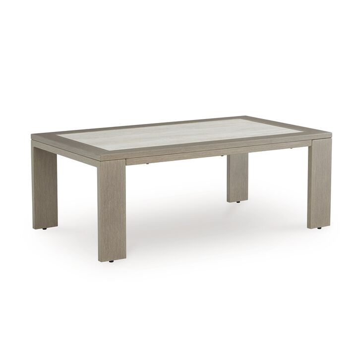 Isle Outdoor Cocktail Coffee Table, Woodlike Gray Brown Metal, 48 Inch - Benzara