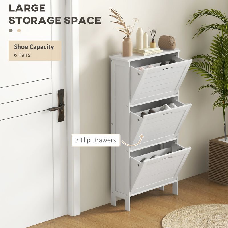 White Modern Shoe Cabinet: 3 Flip Drawers, 6-Pair Capacity