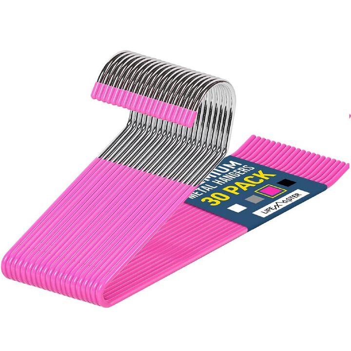 Metal Pants Hanger Set - 30 Pieces Elegant Non-Slip Closet Space Saving Hanger Set for Pants, Trouser, Blankets, and Jeans with Open Ended Sleek Design - Pink