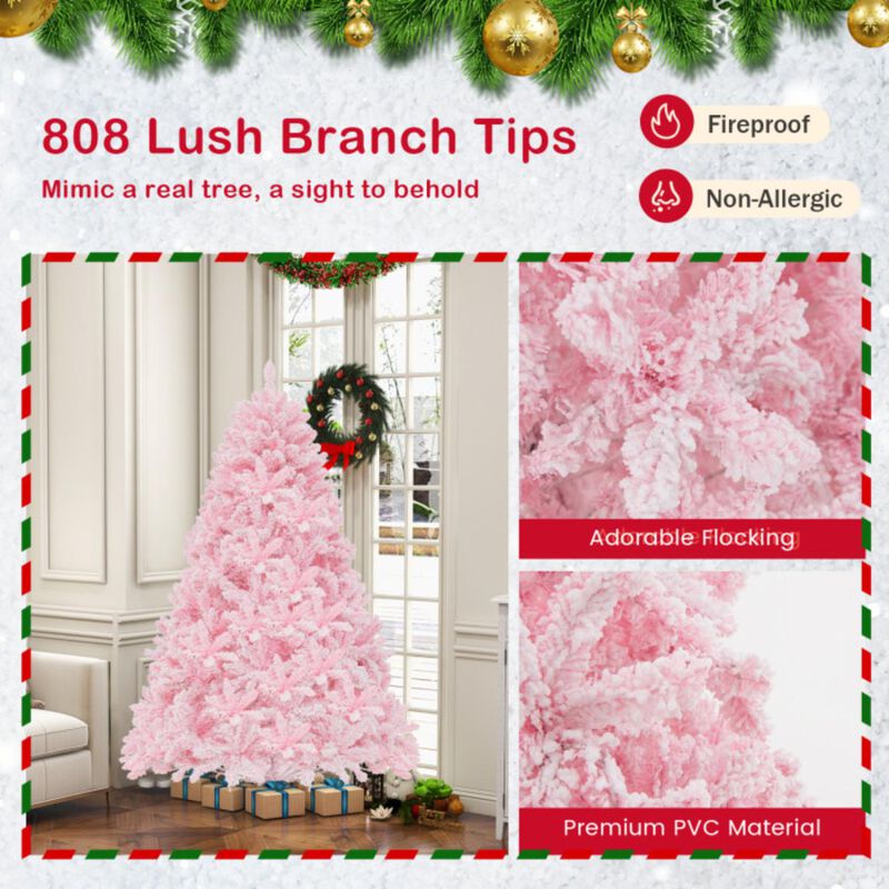 Hivvago 6 FT Flocked Artificial Xmas Tree Hinged with 350 LED Lights