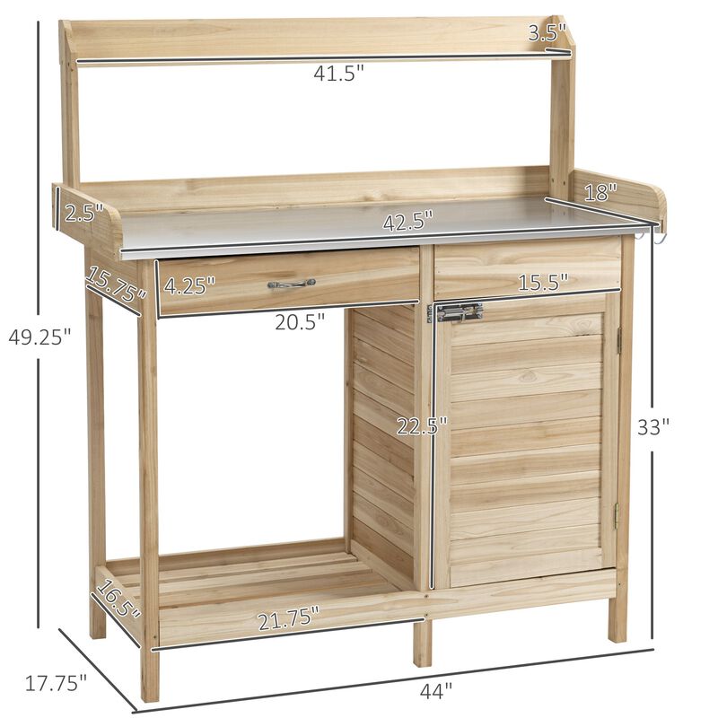 Natural Wood Garden Station: Potting Bench with Storage and Steel Top
