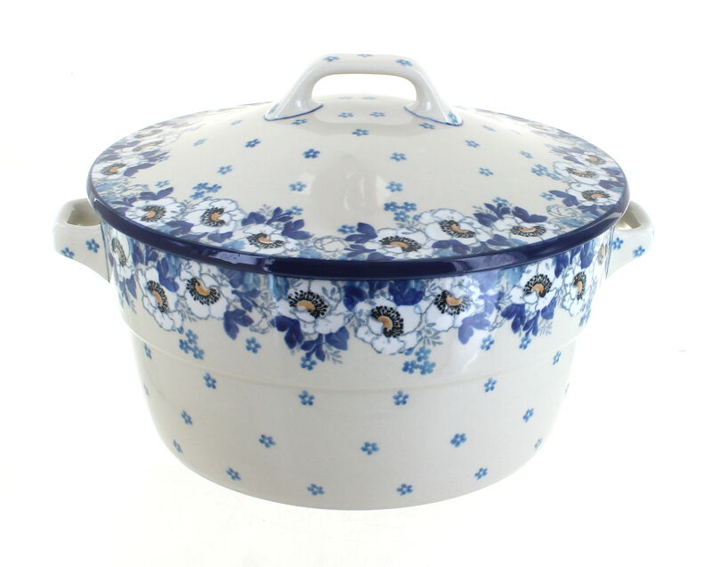 Blue Rose Polish Pottery Mardi Gras Covered Round Baker