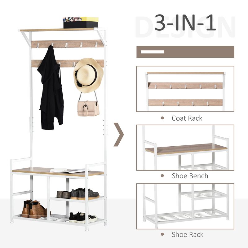 Natural/White Entryway: Hallway Tree Bench with Hooks and Shelves