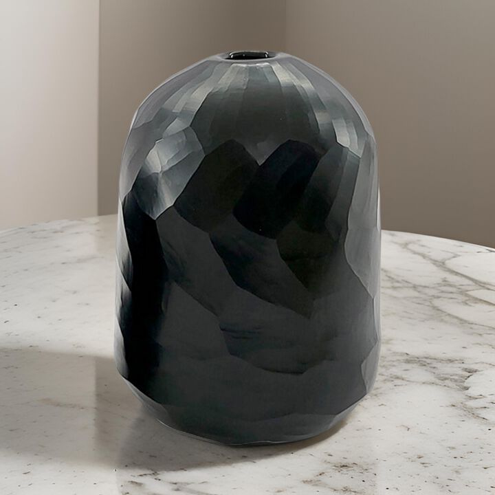Fory Flower Vase, Modern Round Oval Shaped Hand Carved Black Glass Finish -