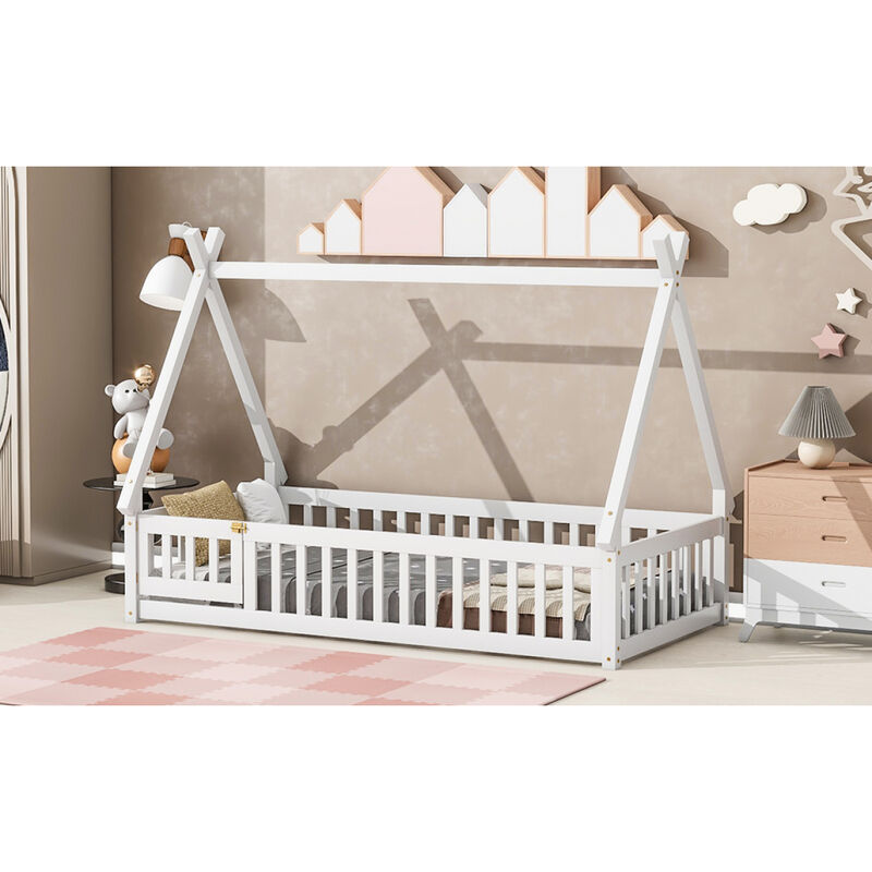 Twin Tentshaped Floor Bed, With Guardrails, Slats, Door, White