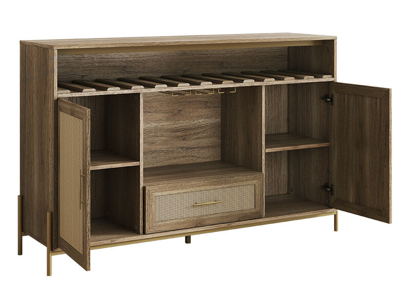 BELLEZE Free-Standing Wine Cabinet, 55" Rattan Wine Bar Cabinet with Wine Rack and Glass Holder, Coffee Bar Cabinet for Dining Room, Living Room and Kitchen - Marcel (Camel)