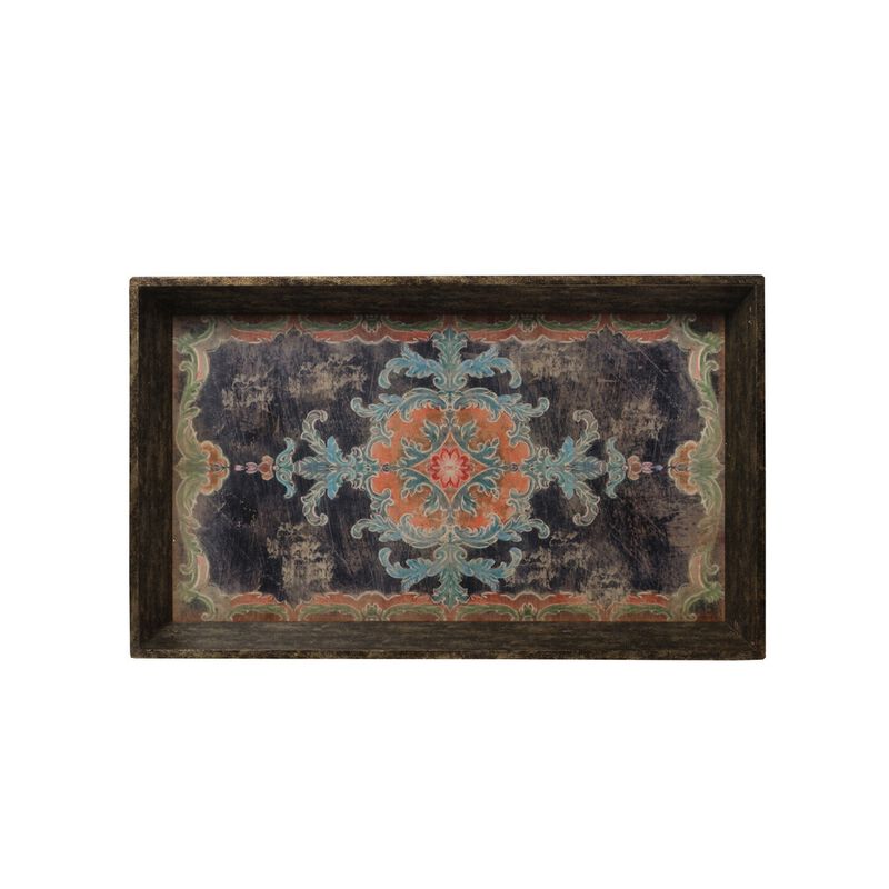 25 Inch Wood Tray, Vintage Style, Distressed Brown Wood Frame, Set of 2 - Benzara