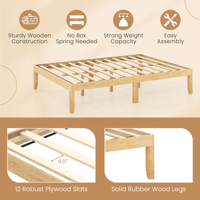 Wood Bed Frame with Wooden Slats Support and Rubber Wood Legs