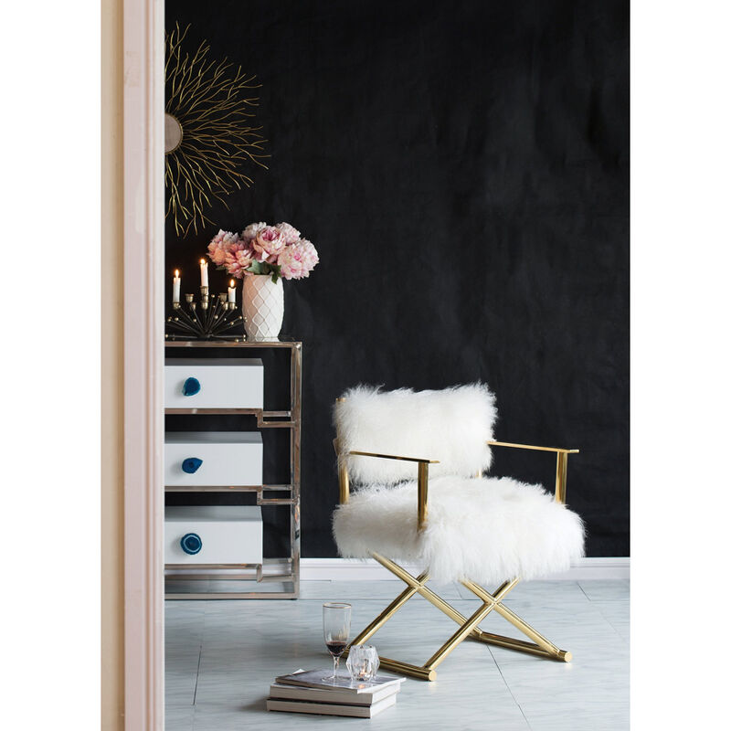Pasargad Home Paris Love Mongolian Fur Director's Chair, Ivory