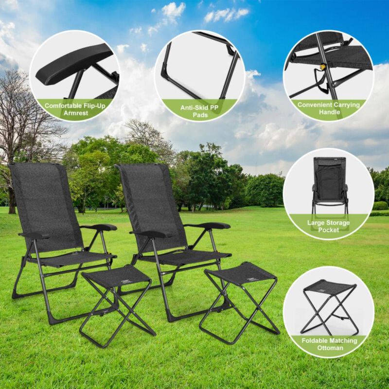 Hivvago 4 Pieces Patio Adjustable Back Folding Dining Chair Ottoman Set
