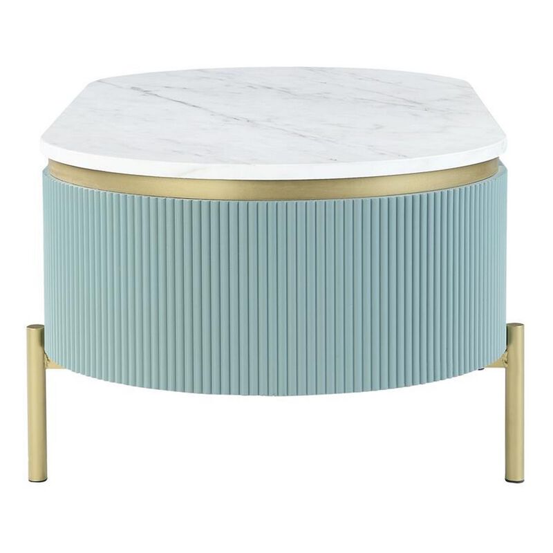 Ville 48 Inch Oblong Coffee Table, White Faux Marble Top, Teal Reeded Edges-Benzara