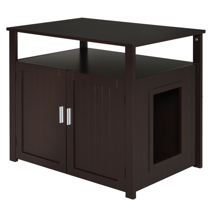 Brown Cat Furniture: Wooden Litter Box Enclosure with Adjustable Wall