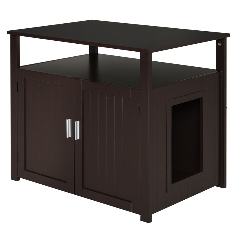 Brown Cat Furniture: Wooden Litter Box Enclosure with Adjustable Wall