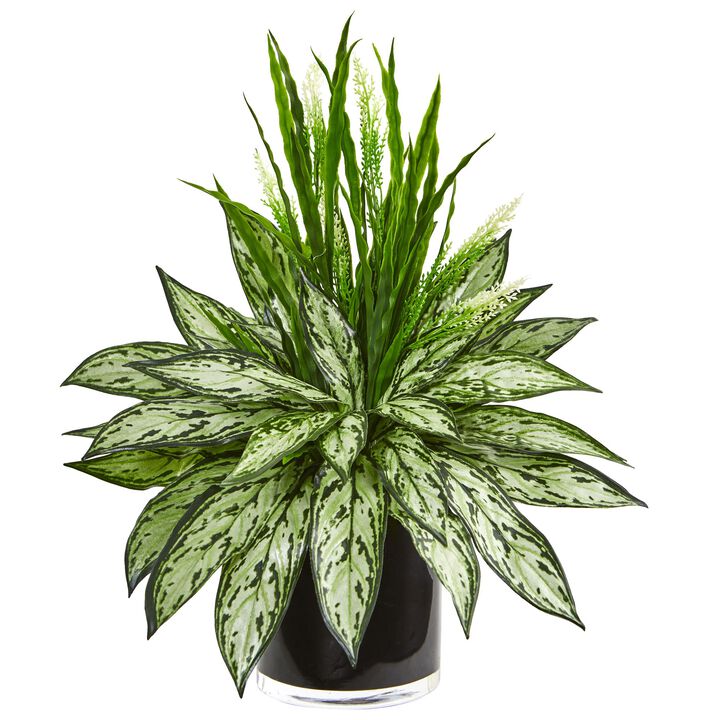 Hivvago Silver Queen and Grass Artificial Plant in Black Vase