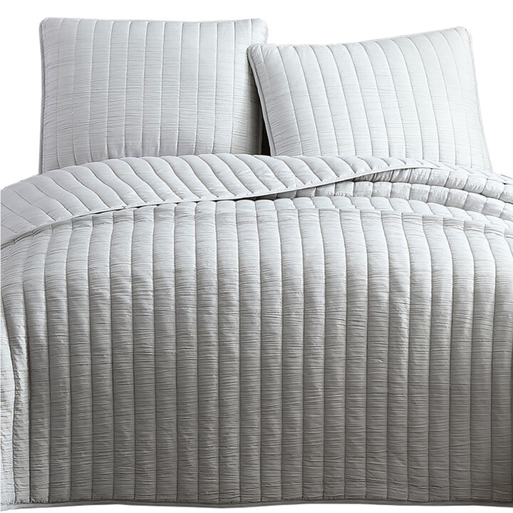 3 Piece Crinkle Queen Size Coverlet Set with Vertical Stitching,Light Gray-Benzara