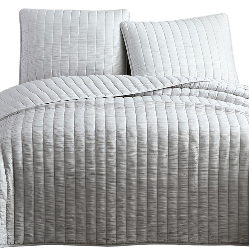 3 Piece Crinkle Queen Size Coverlet Set with Vertical Stitching,Light Gray-Benzara