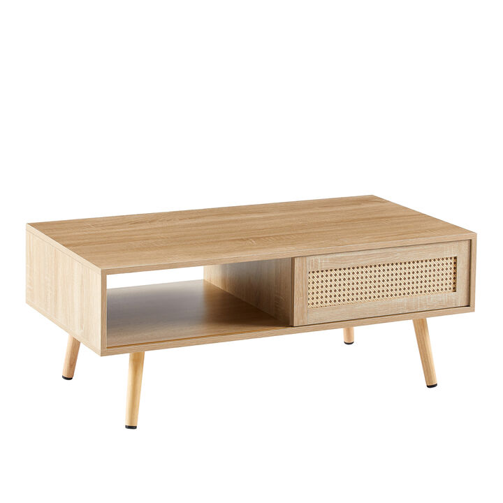 Rattan Coffee Table, Sliding Door For Storage, Solid Wood Legs, Modern Table For Living Room
